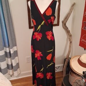 Chic Black Maxi Dress with Red Floral Design